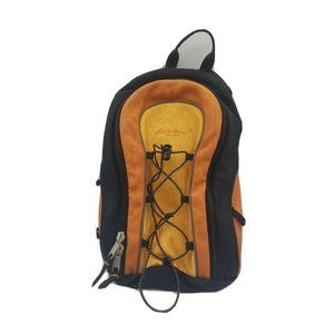 EDDIE  BAUER BACKPACK ORANGE AND BLACK ADJUSTABLE STRAPS PACK SIZE 13"×9"